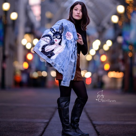 Vintage Denim Jacket Lady Bunny Women's M Size Hand Painted Art - Picture 3 of 6